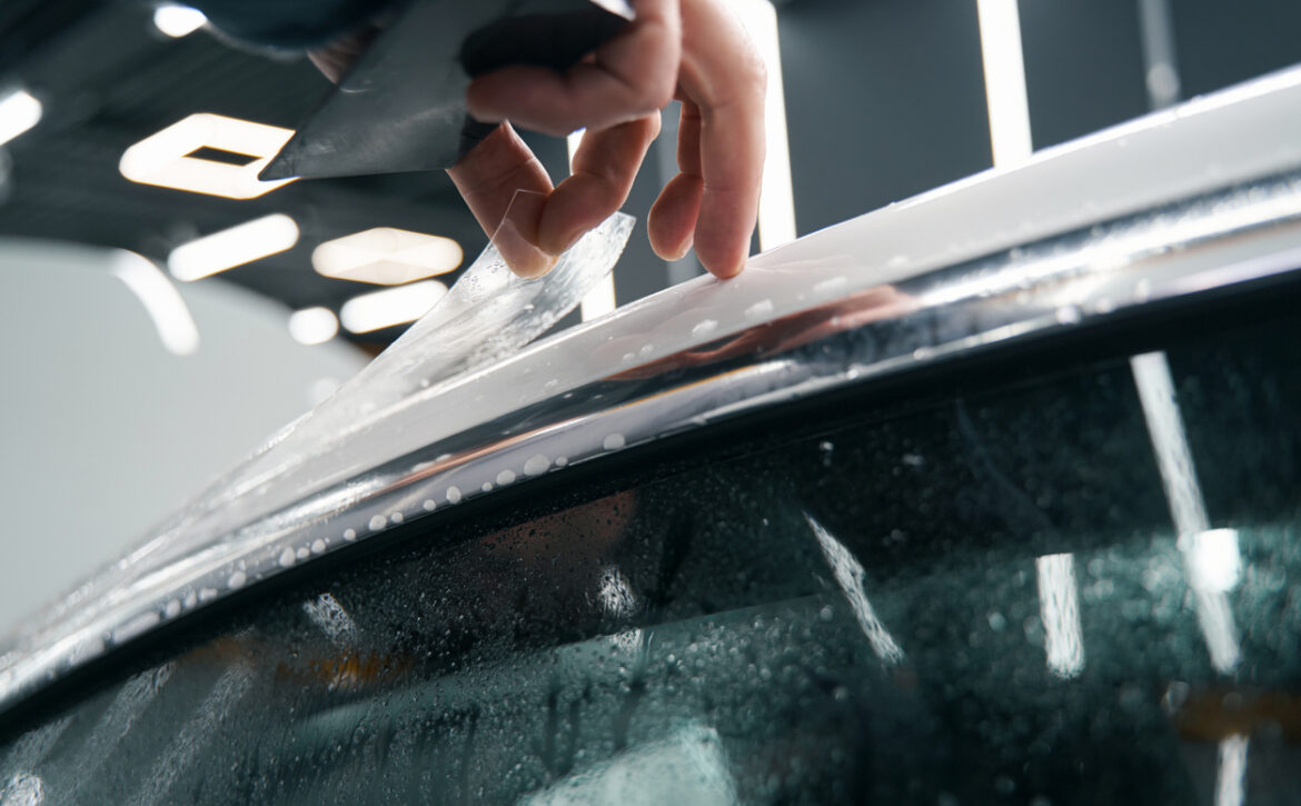 Professional detailer hand applying auto body coating